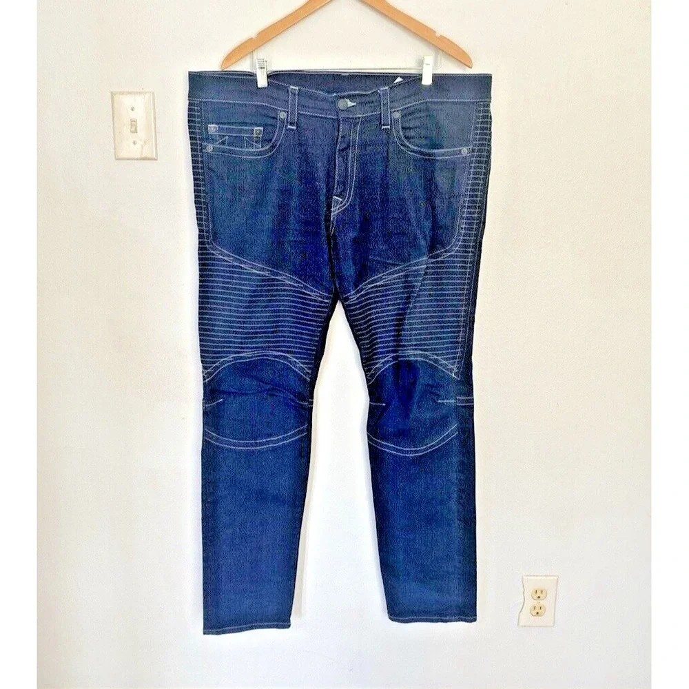 True Religion Jeans Men 42X33 Blue Denim‎ Moto Slim Run Stitch Double Knee